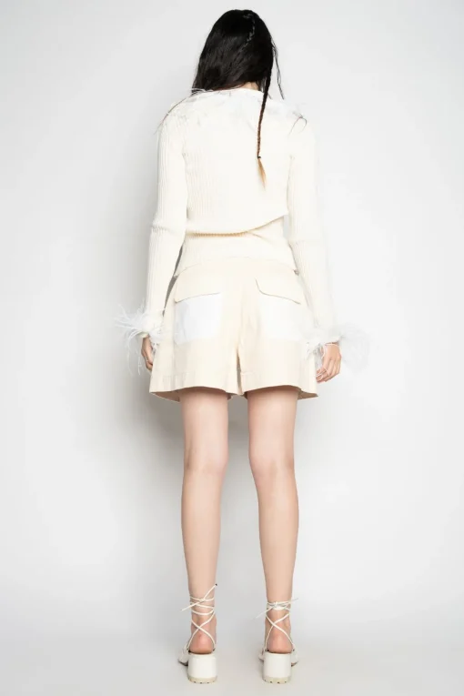 WHITE MERINO WOOL CARDIGAN WITH FEATHERS