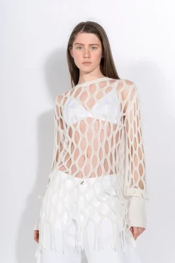 WHITE NET LONG SLEEVE TOP