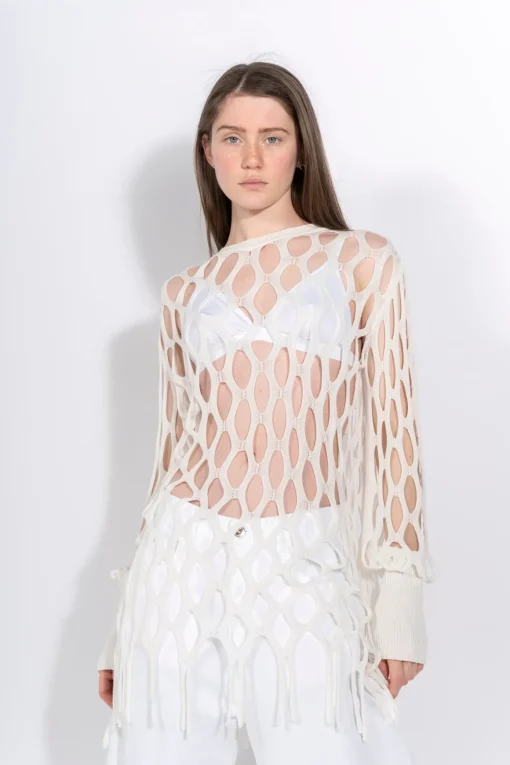 WHITE NET LONG SLEEVE TOP