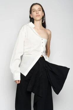 WHITE ONE SHOULDER DRAPED SHIRT