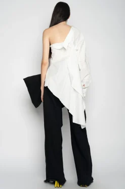 WHITE ONE SHOULDER DRAPED SHIRT