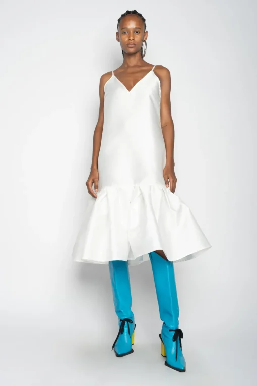 WHITE PUFF HEM SLIP DRESS