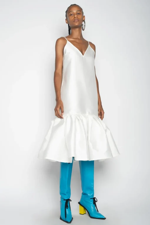 WHITE PUFF HEM SLIP DRESS