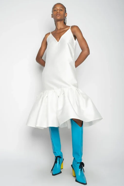 WHITE PUFF HEM SLIP DRESS