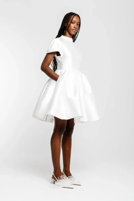 WHITE SHORT SLEEVE PUFF SKIRT DRESS