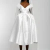 WHITE V NECK CINCHED PLEATED MIDI DRESS