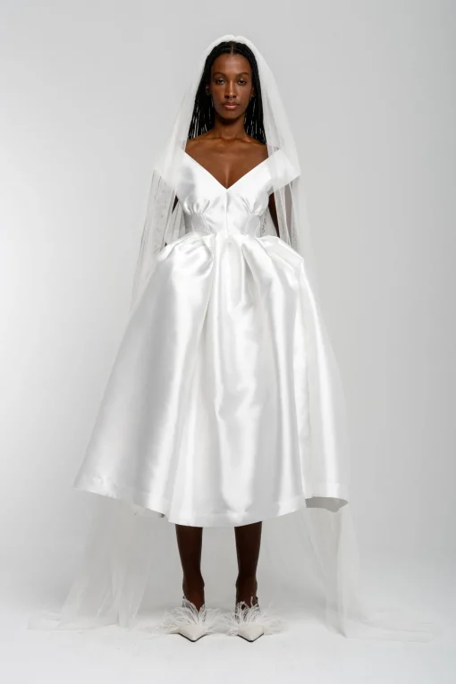 WHITE V NECK CINCHED PLEATED MIDI DRESS