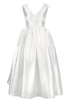 WHITE V NECK CINCHED PLEATED MIDI DRESS