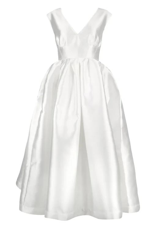 WHITE V NECK CINCHED PLEATED MIDI DRESS