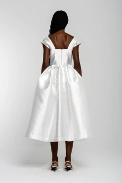 WHITE V NECK CINCHED PLEATED MIDI DRESS