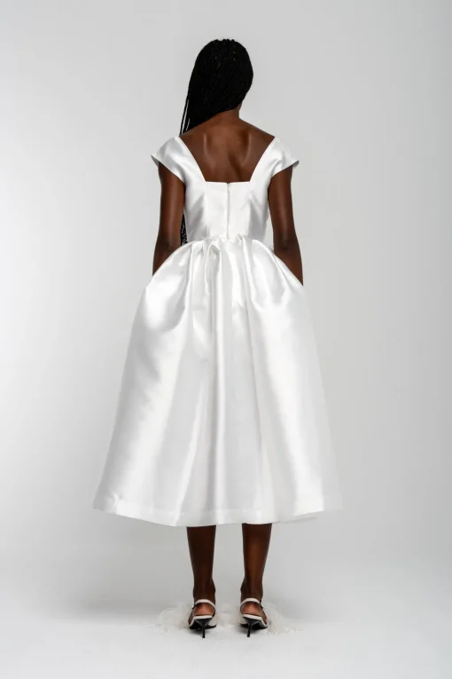 WHITE V NECK CINCHED PLEATED MIDI DRESS