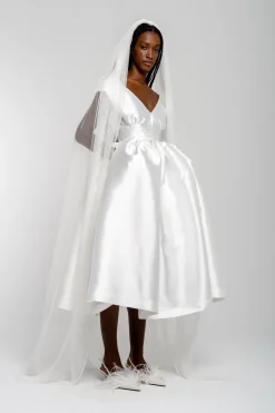 WHITE V NECK CINCHED PLEATED MIDI DRESS