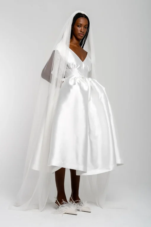 WHITE V NECK CINCHED PLEATED MIDI DRESS