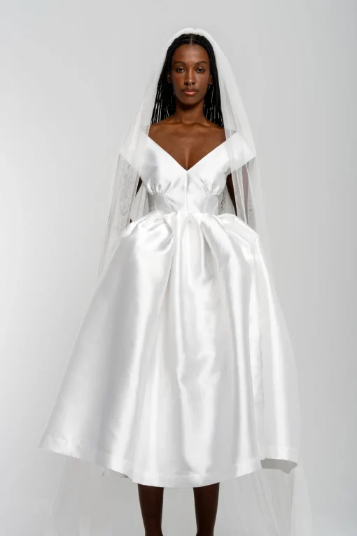 WHITE V NECK CINCHED PLEATED MIDI DRESS