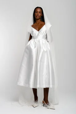 WHITE V NECK CINCHED PLEATED MIDI DRESS