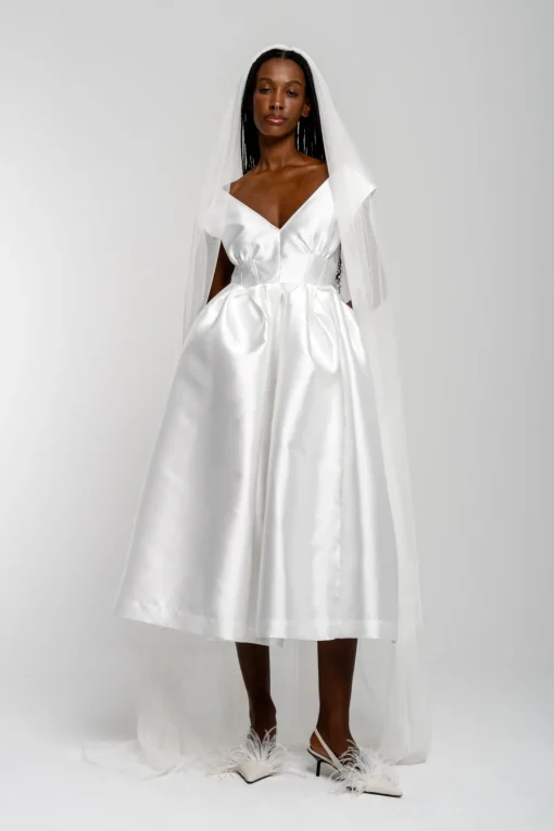 WHITE V NECK CINCHED PLEATED MIDI DRESS