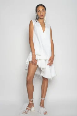 WHITE V-NECK FRILL DRESS