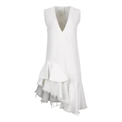 WHITE V-NECK FRILL DRESS