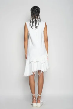 WHITE V-NECK FRILL DRESS