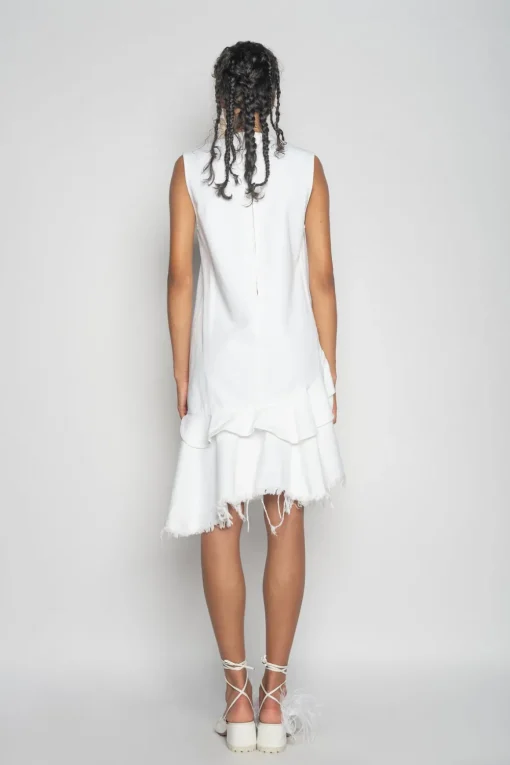 WHITE V-NECK FRILL DRESS