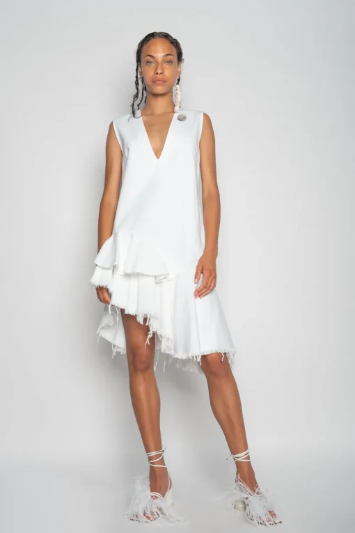 WHITE V-NECK FRILL DRESS