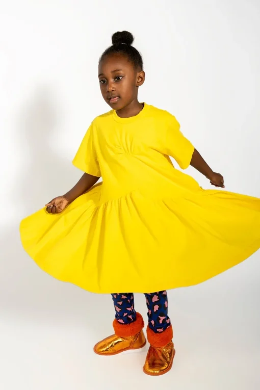 YELLOW GATHERED JERSEY T-SHIRT DRESS