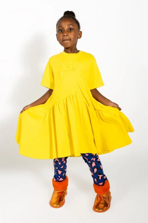 YELLOW GATHERED JERSEY T-SHIRT DRESS