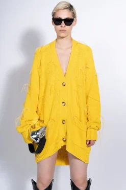 YELLOW OVERSIZED CARDIGAN WITH FEATHERS PULLS